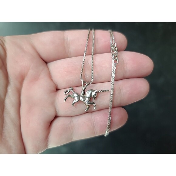 925 Sterling Silver Unicorn Pendant Necklace Vintage - Picture 1 of 10